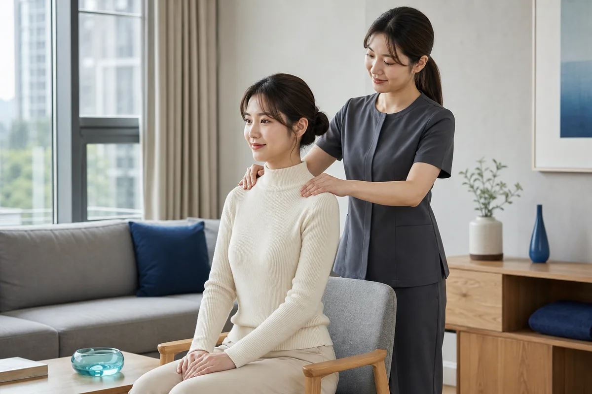 완전 착의한 20대 한국인 성인 여성 고객의 어깨를 관리하는 20대 한국인 성인 여성 마사지사
