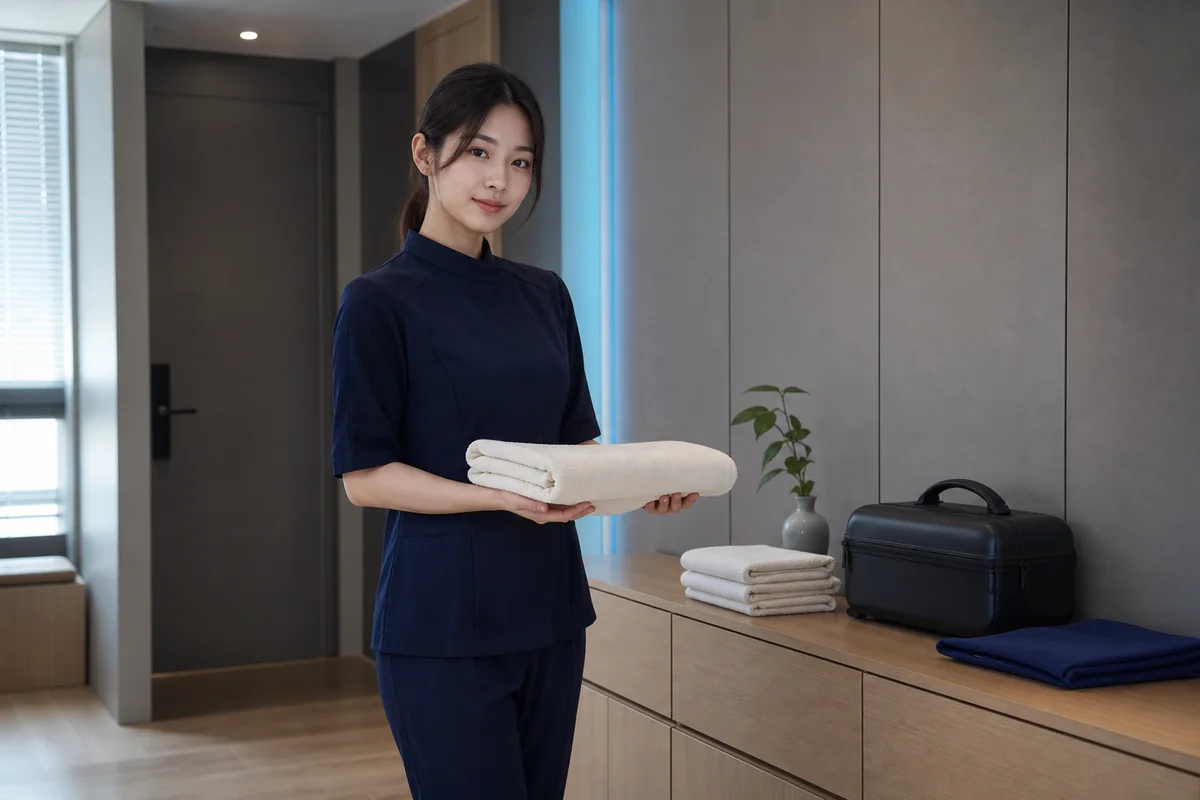 전문 유니폼을 입고 비품을 준비하는 20대 한국인 성인 여성 마사지사
